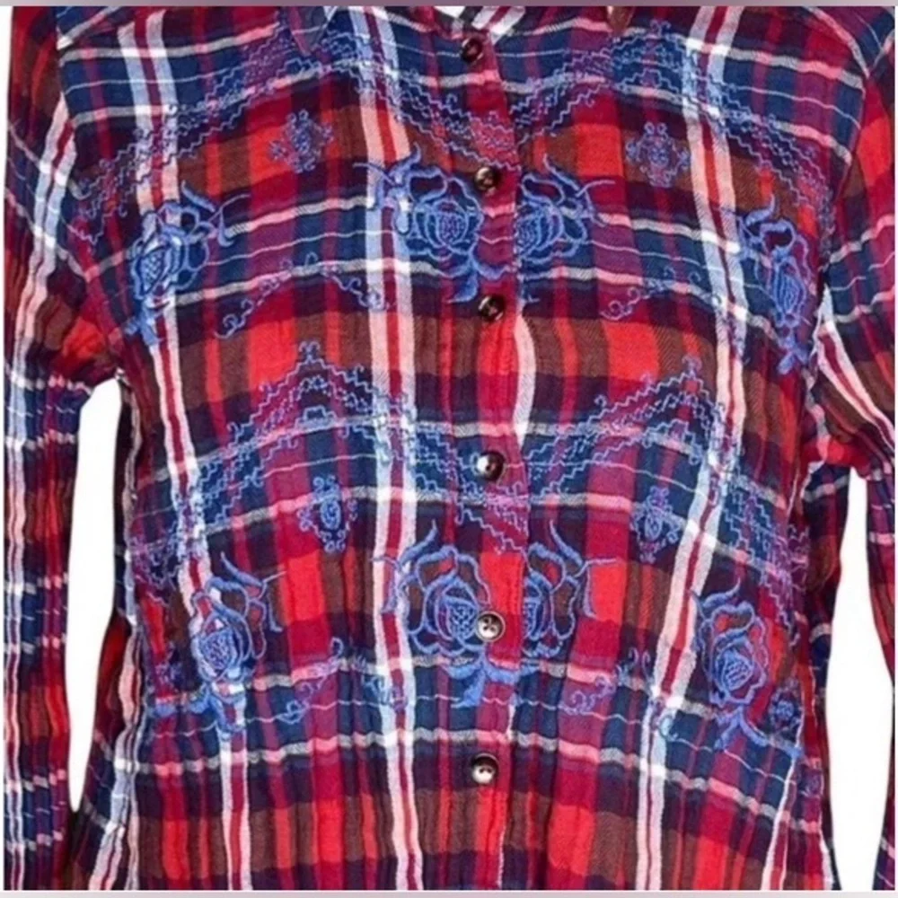 Free People XS Plaid Embroidered Button-Up Shirt Red/Blue Long Sleeve Cotton